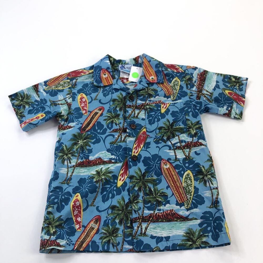 RJC Hawaii Kids Youth 6 Button Short Sleeve Collared Floral Shirt Blue 202C MINT